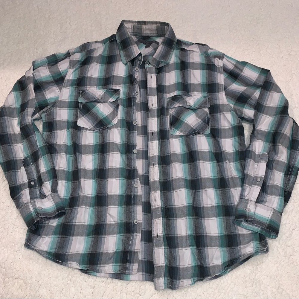 Old Navy Plaid Button Down Shirt Green Gray Cotton Men’s Large